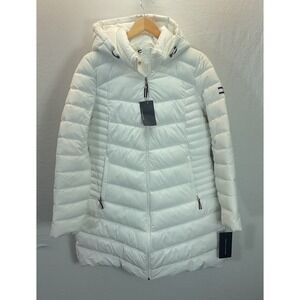 Tommy Hilfiger Women's L White TH Flex Puffer Coat Full Zip Hooded Ski Snow